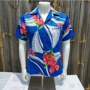 Hilo Hattie Vintage Hawaiian Shirt Size S Blue with Orchid